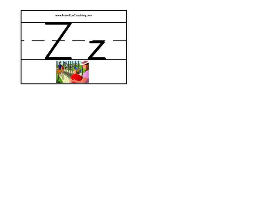 Letter Z: a single Zz card pairing capital and lowercase z with a family at the zoo viewing zebras for the z sound