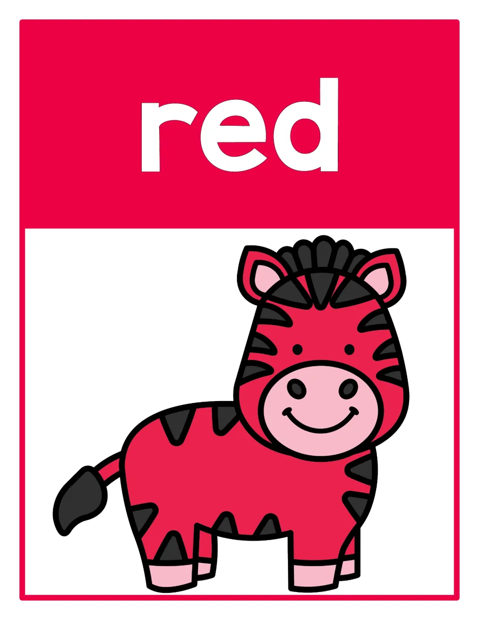 Red color reference poster featuring the word 'red' and a red zebra, part of the classroom color poster set.