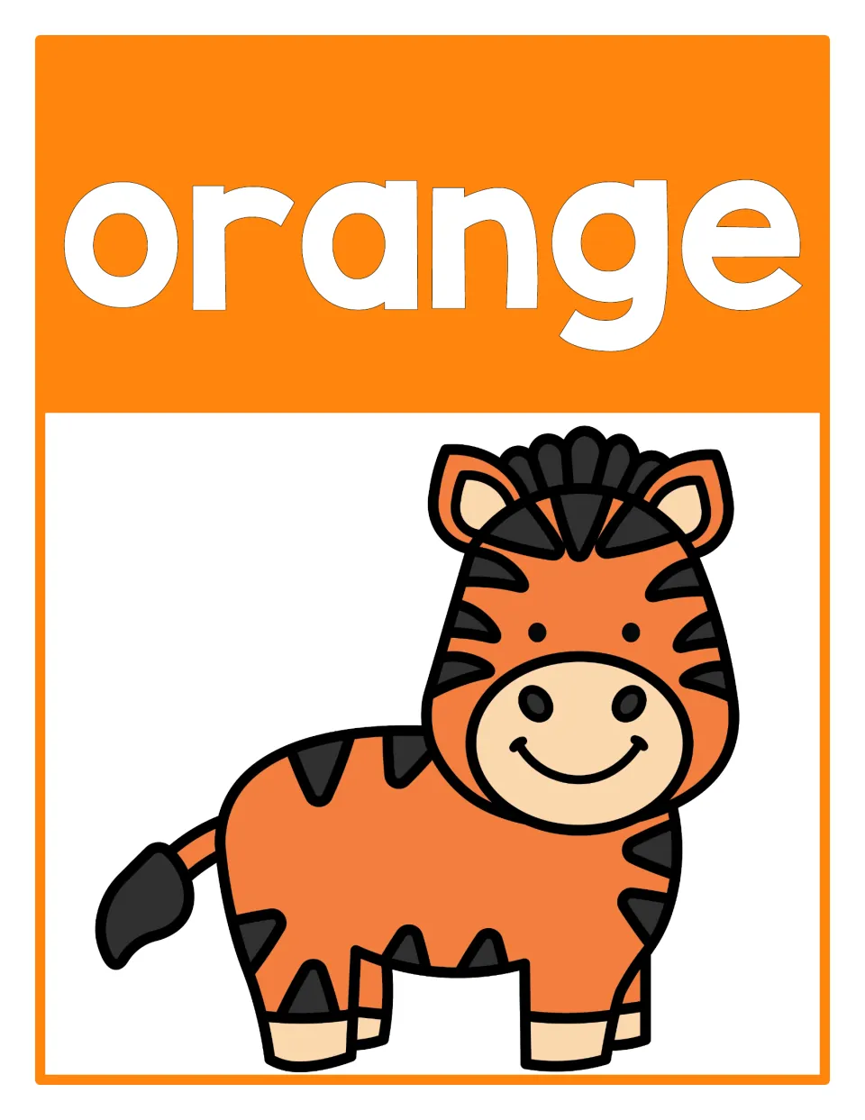 Orange color reference poster featuring the word 'orange' and an orange zebra from the classroom poster set.