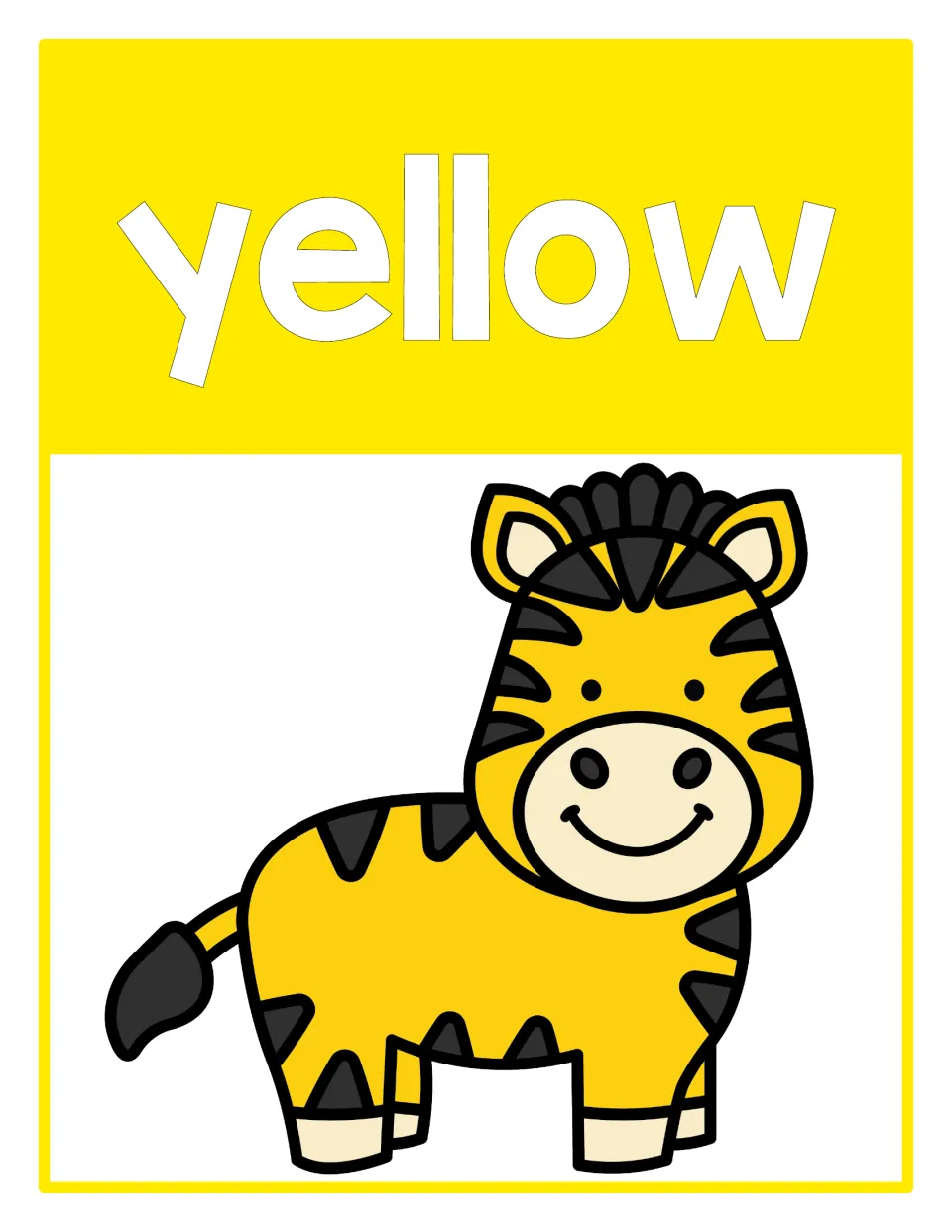 Yellow color reference poster featuring the word 'yellow' and a yellow zebra from the classroom poster set.