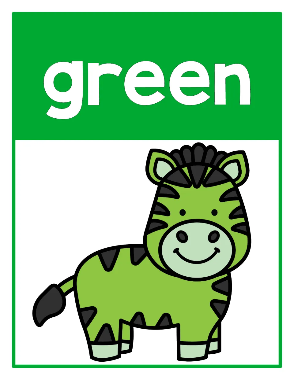 Green color reference poster featuring the word 'green' and a green zebra from the classroom poster set.