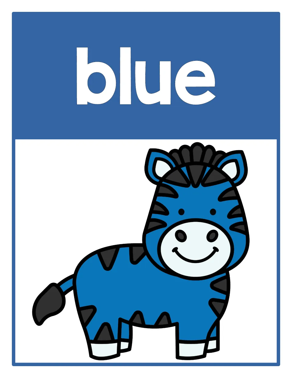 Blue color reference poster featuring the word 'blue' and a blue zebra, part of the classroom color poster set.