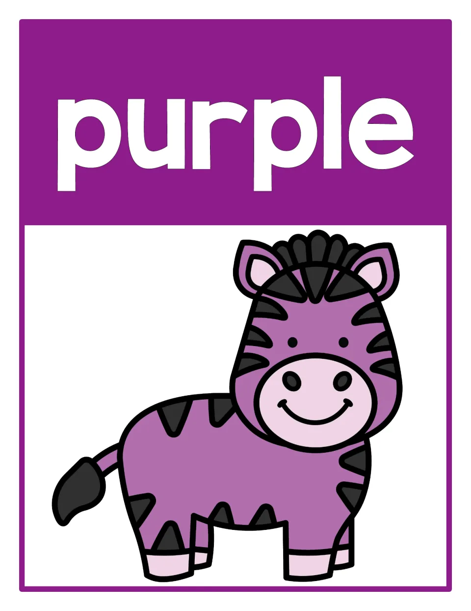 Purple color reference poster featuring the word 'purple' and a purple zebra from the classroom poster set.