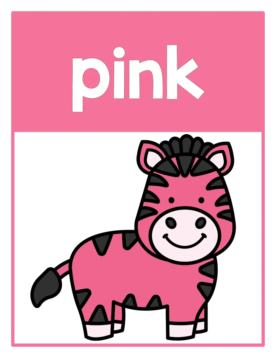 Pink color reference poster featuring the word 'pink' and a pink zebra, part of the classroom color poster set.