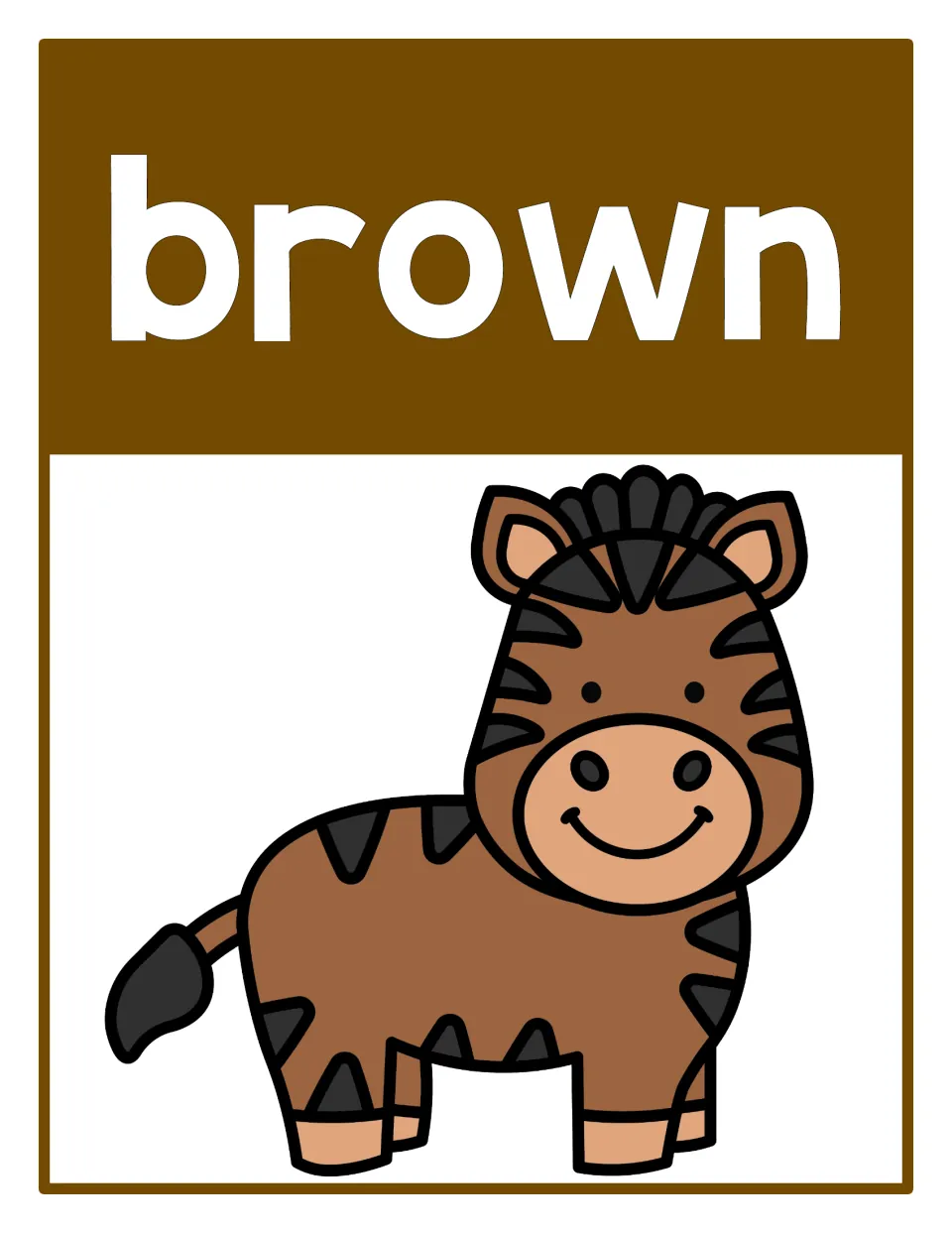 Brown color reference poster featuring the word 'brown' and a brown zebra from the classroom poster set.