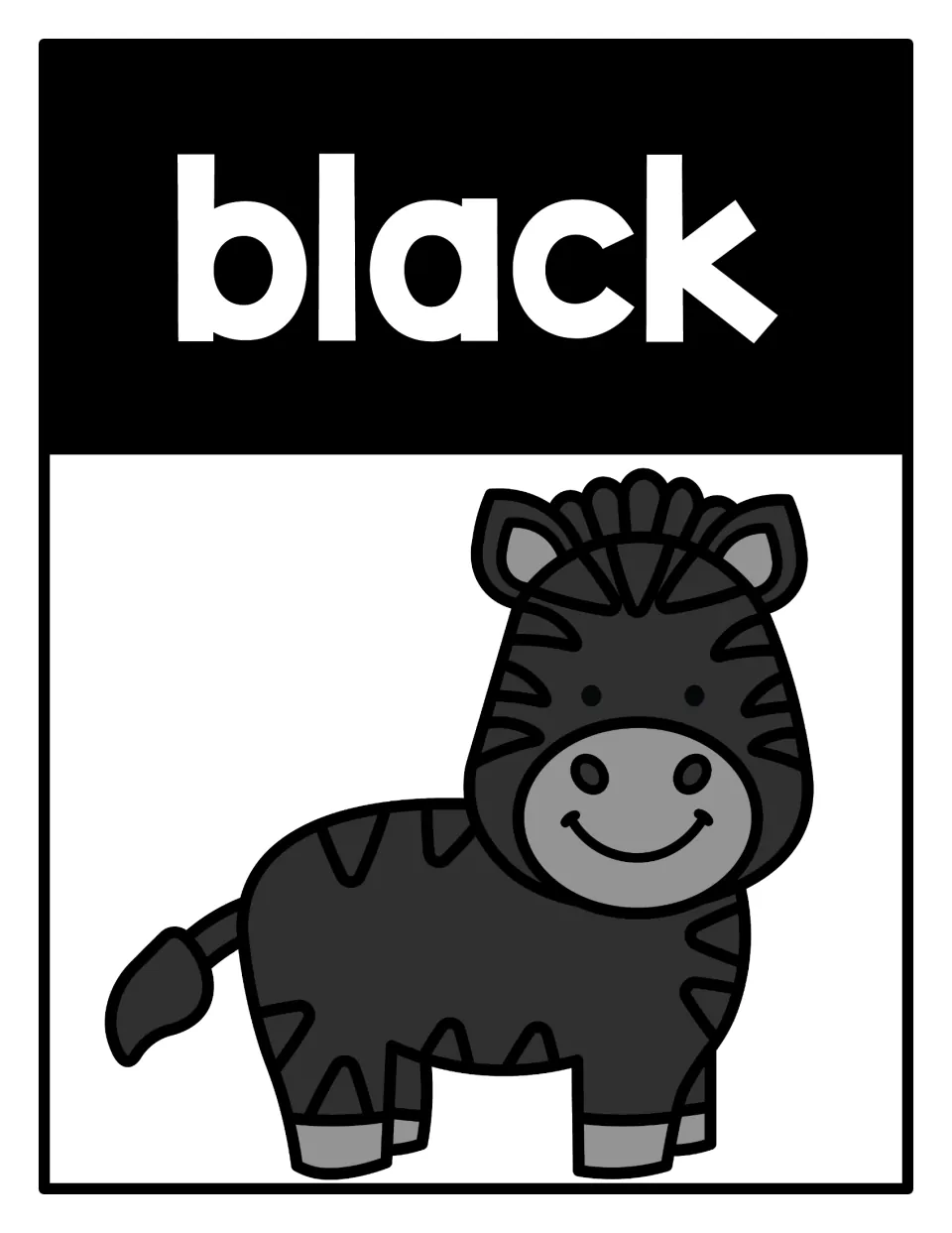Black color reference poster featuring the word 'black' and a dark zebra from the classroom poster set.