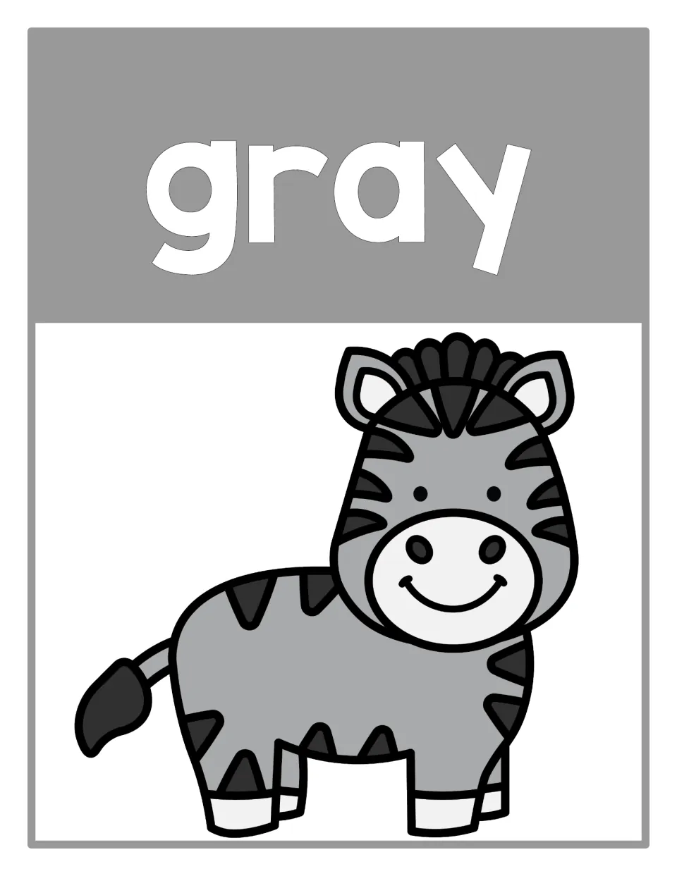 Gray color reference poster featuring the word 'gray' and a gray zebra, part of the classroom color poster set.