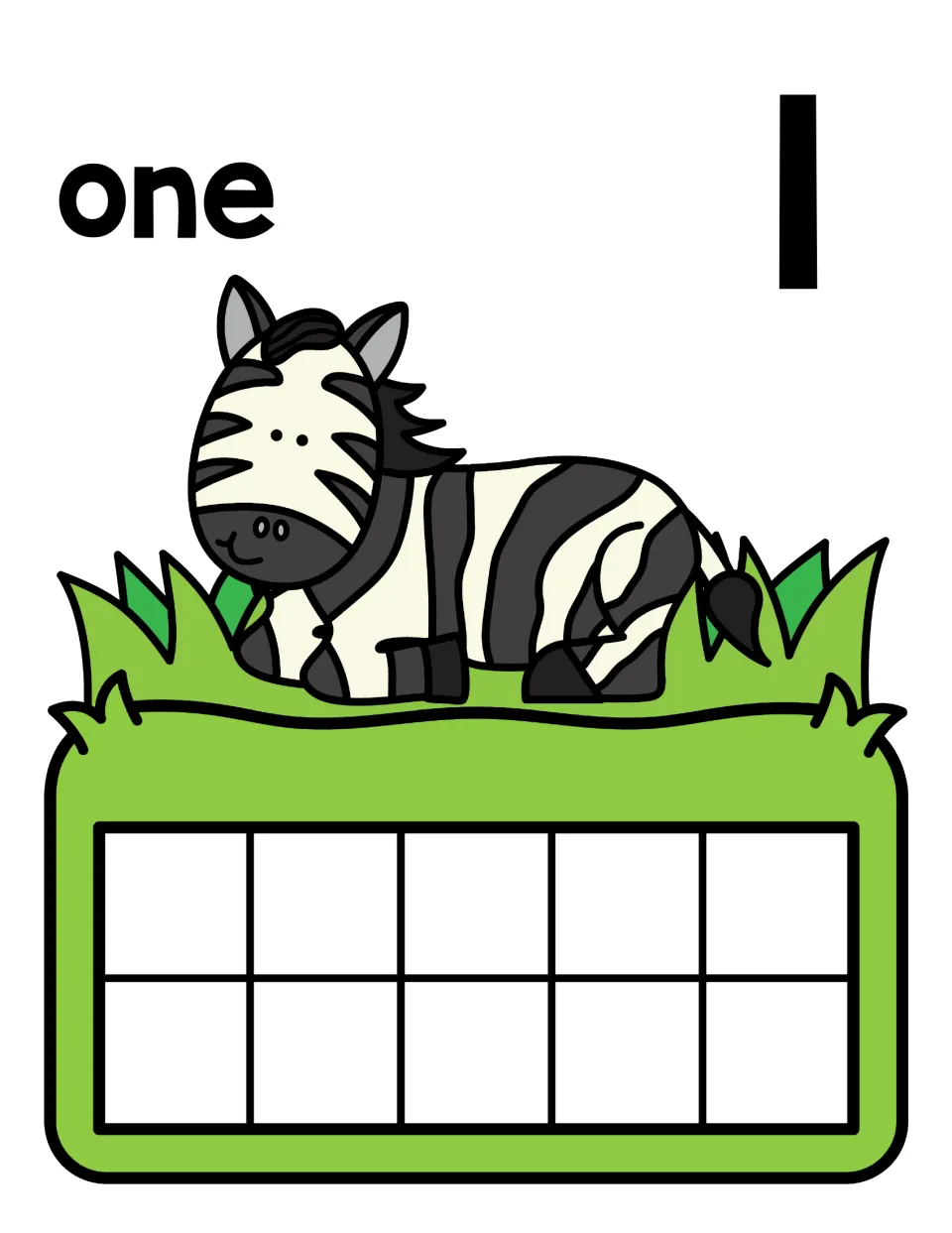 Number one mat: the word one and numeral 1 above a resting zebra and a blank ten frame for showing 1 with a counter