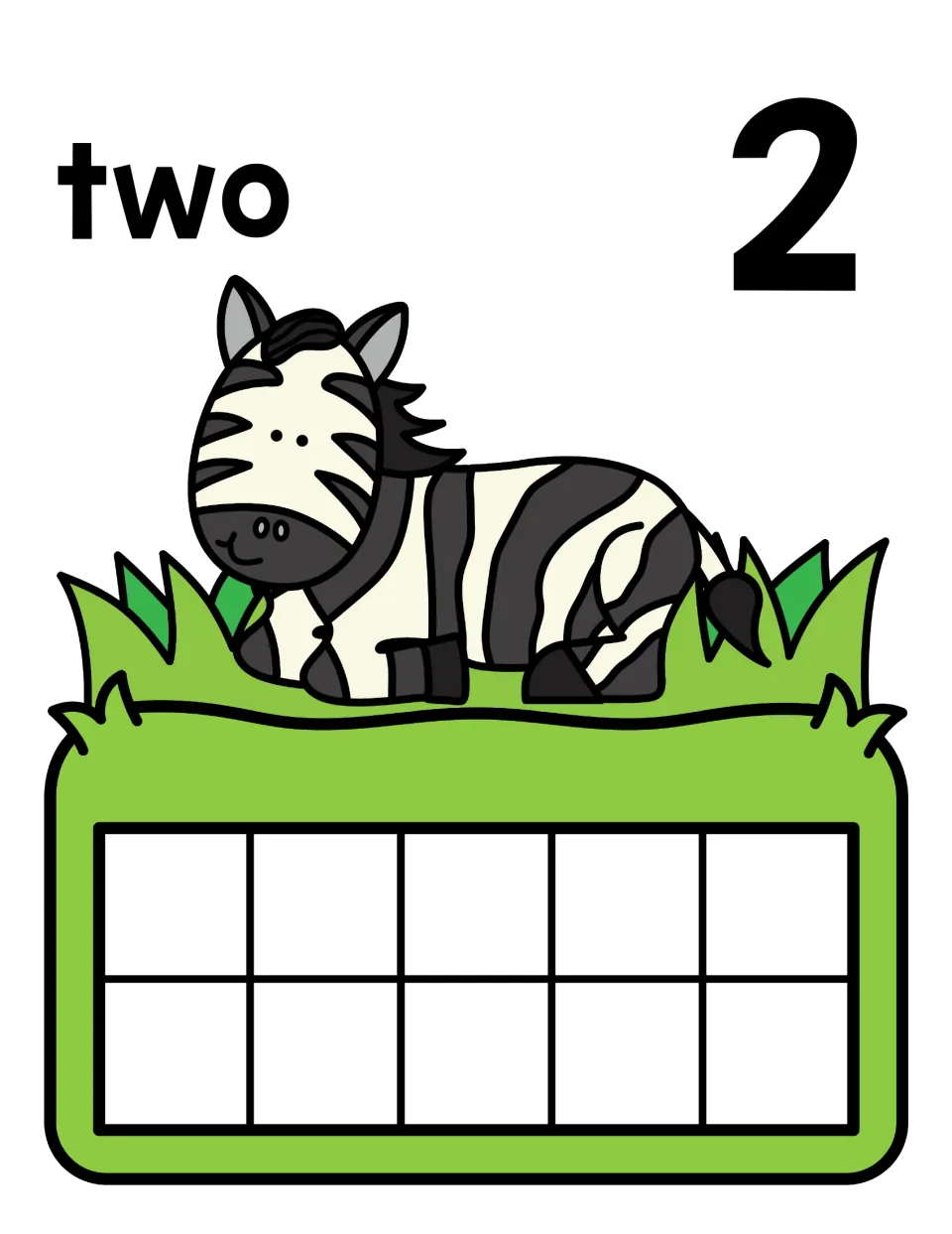 Counting mat for 2: number word two, numeral 2, a zebra in grass and an empty ten frame to fill with two counters