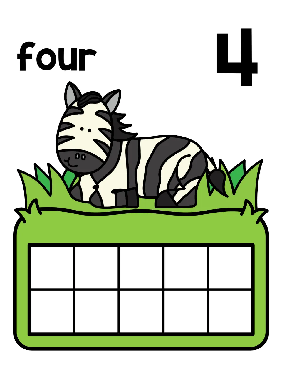 Four mat with the number word four and numeral 4, a zebra lying in grass, and a blank ten frame for modeling 4 objects