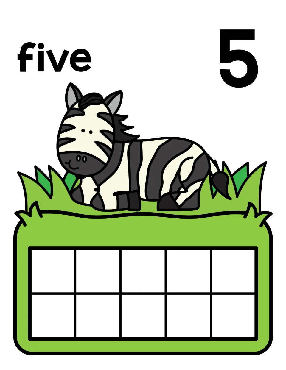 Counting to 5: the word five and numeral 5 over a zebra, with an empty ten frame where children place five counters