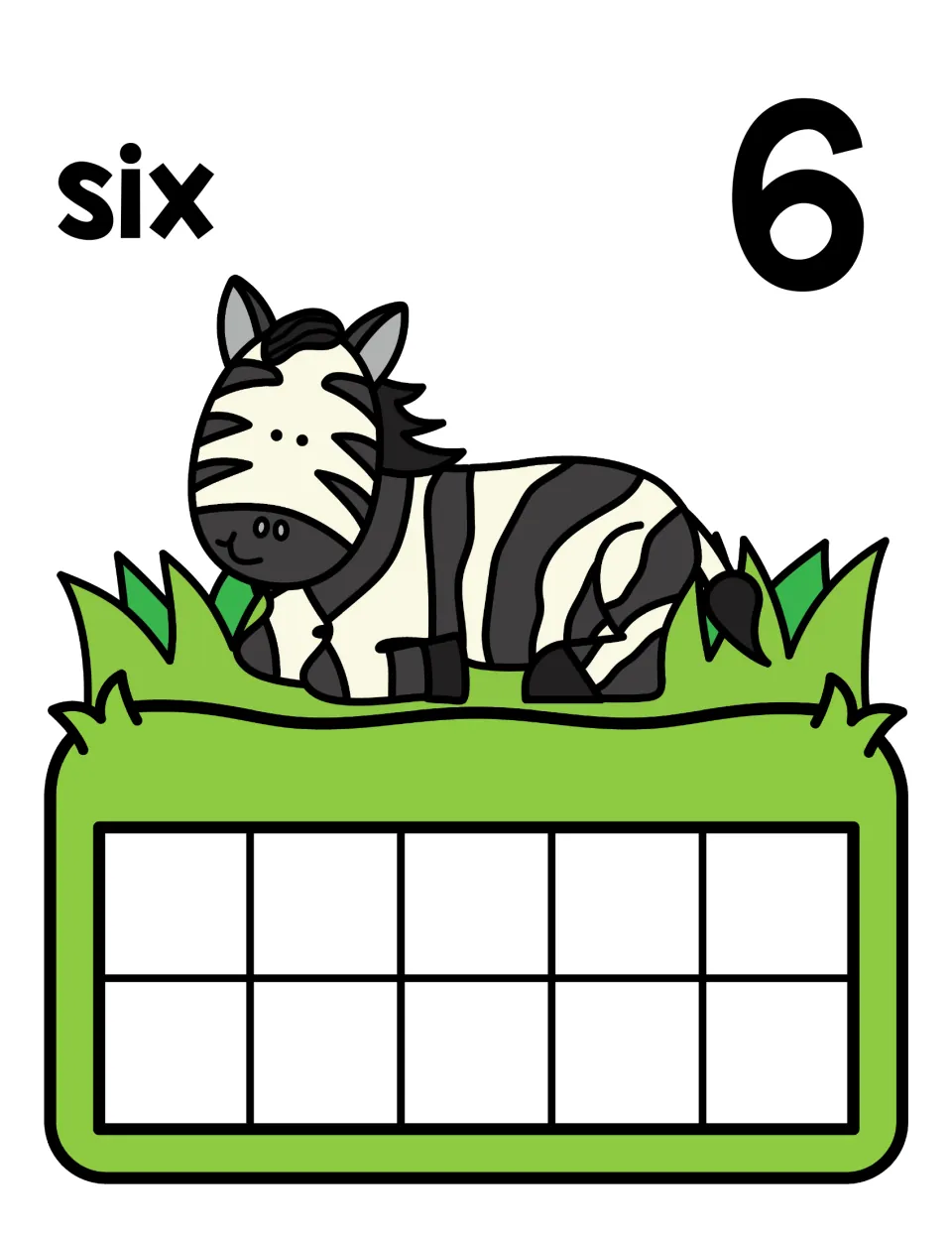 Number six mat: zebra illustration under the word six and numeral 6, plus an empty ten frame to represent the quantity 6