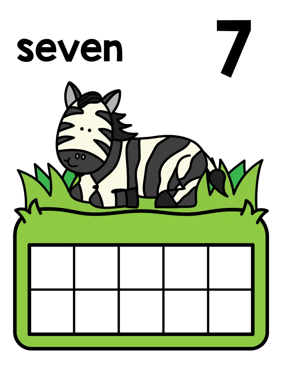 Seven counting mat: students fill seven spaces of the blank ten frame, linking the word and numeral 7 above a zebra