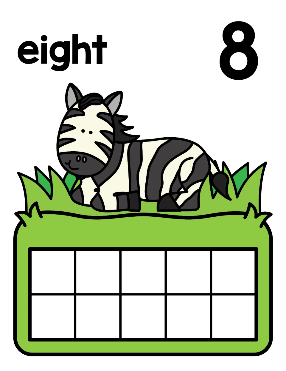 Mat for the number 8 showing the word eight, a smiling zebra in grass and an empty ten frame for eight counters
