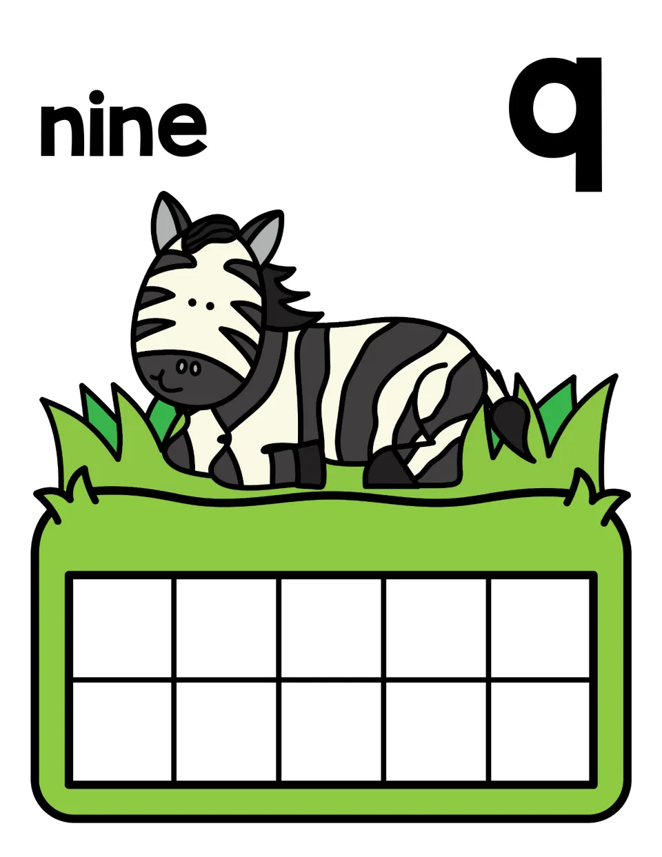 Nine mat: word nine and numeral 9 beside a zebra, with a ten frame for showing nine objects, one space left over