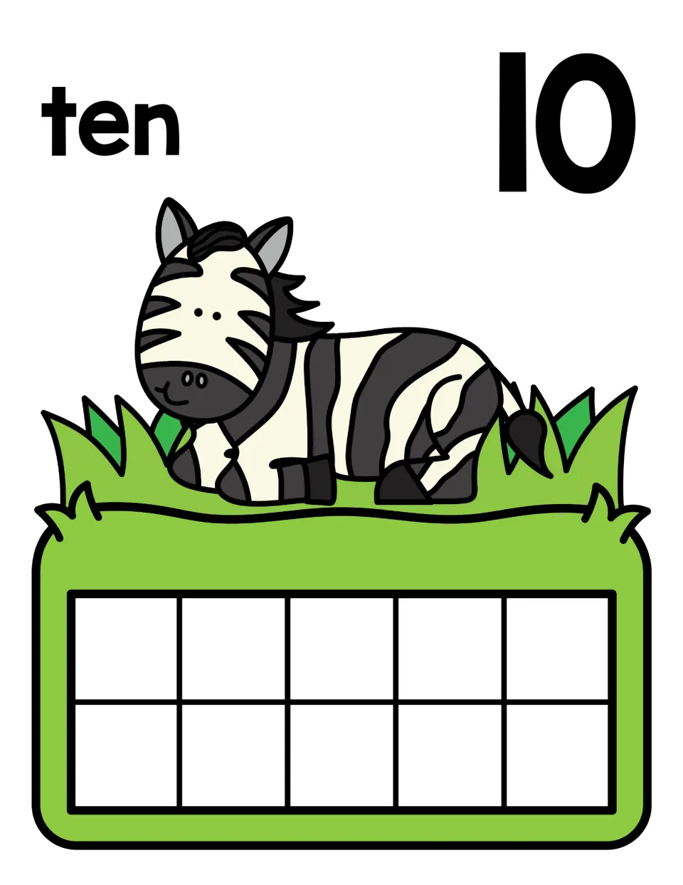 Number ten mat: the word ten and numeral 10 above a zebra, with an empty ten frame that 10 counters fill completely