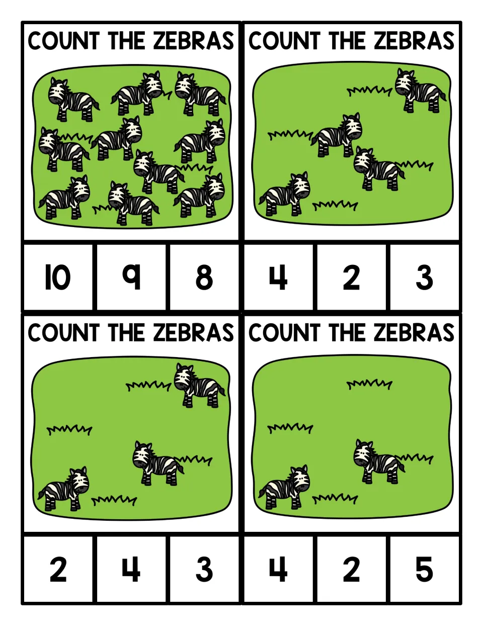 Count the Zebras cards: students count 10, 4, 3 and 2 zebras on grass and clip the matching number from three choices