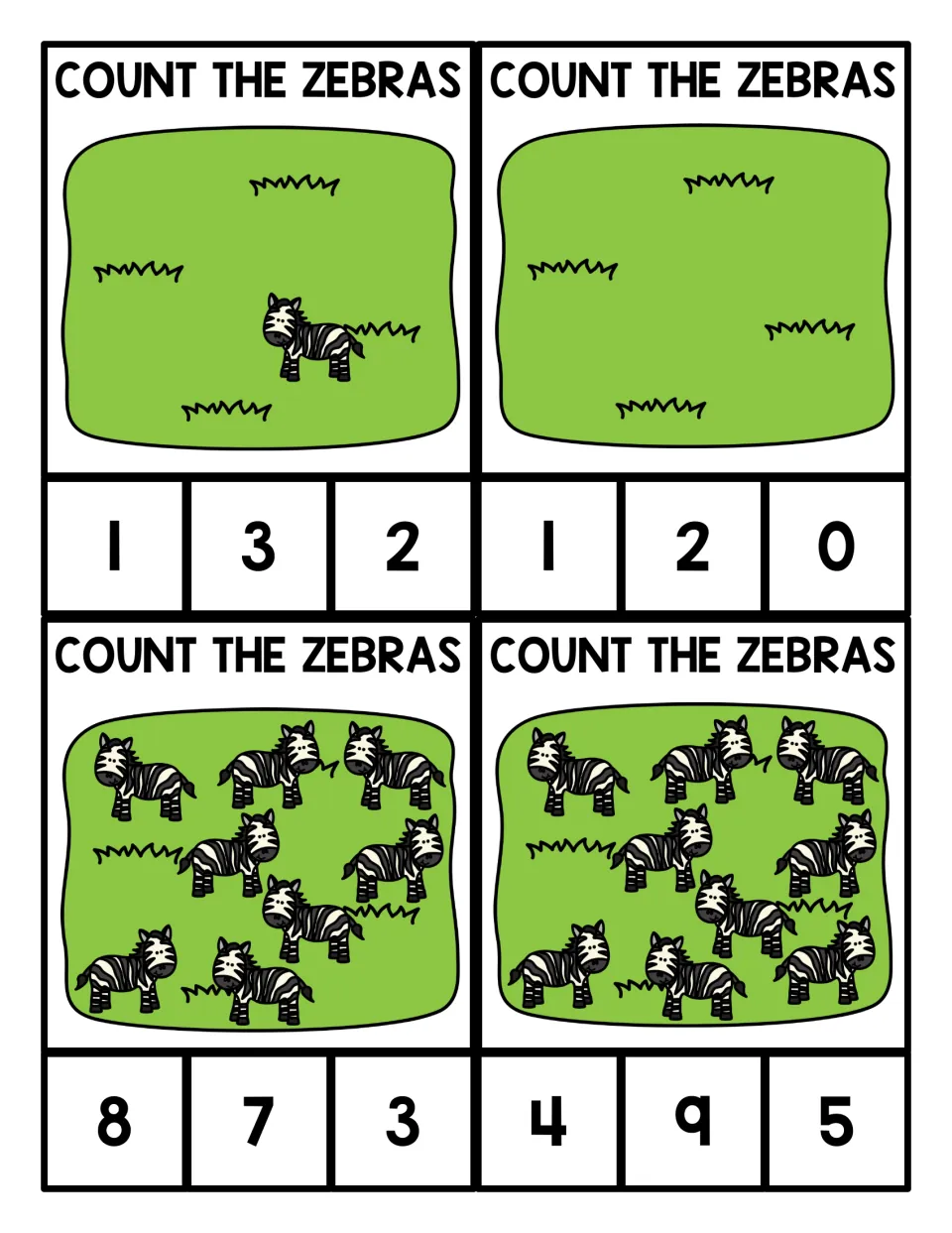 Counting zebras from 0 to 9: students count 1, none, 8 and 9 zebras per card and clip the right numeral of the three shown