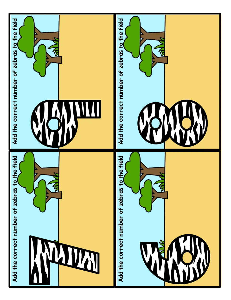 Counting to 10 task cards for 6, 7, 8 and 9: students add that many zebras to each savanna field to match the numeral
