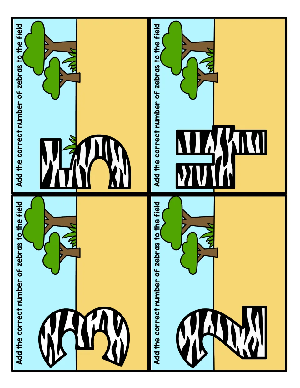 Zebra-striped numerals 2, 3, 4 and 5 on savanna cards; students count out and add the matching number of zebras