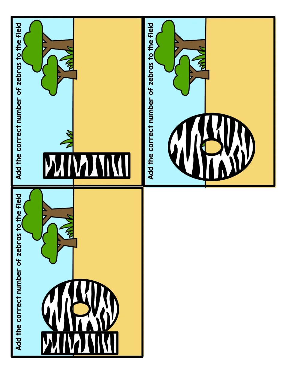 Task cards for 0, 1 and 10: students add zebras to each field to match the numeral, including leaving the 0 field empty