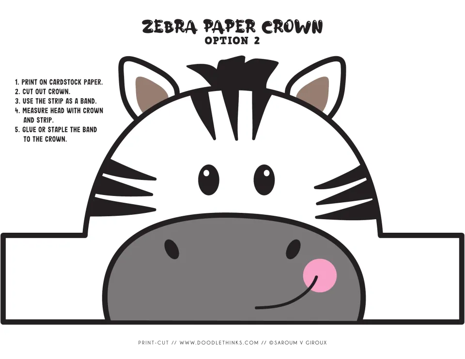 Zebra crown Option 2: ready-colored zebra face with black stripes and gray muzzle that students cut out and band to fit
