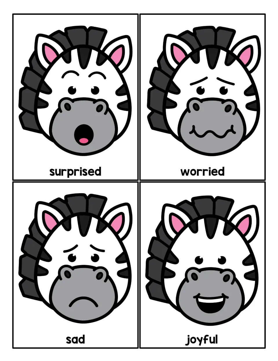 Emotion cards: four zebra faces labeled surprised, worried, sad and joyful for naming feelings from facial expressions