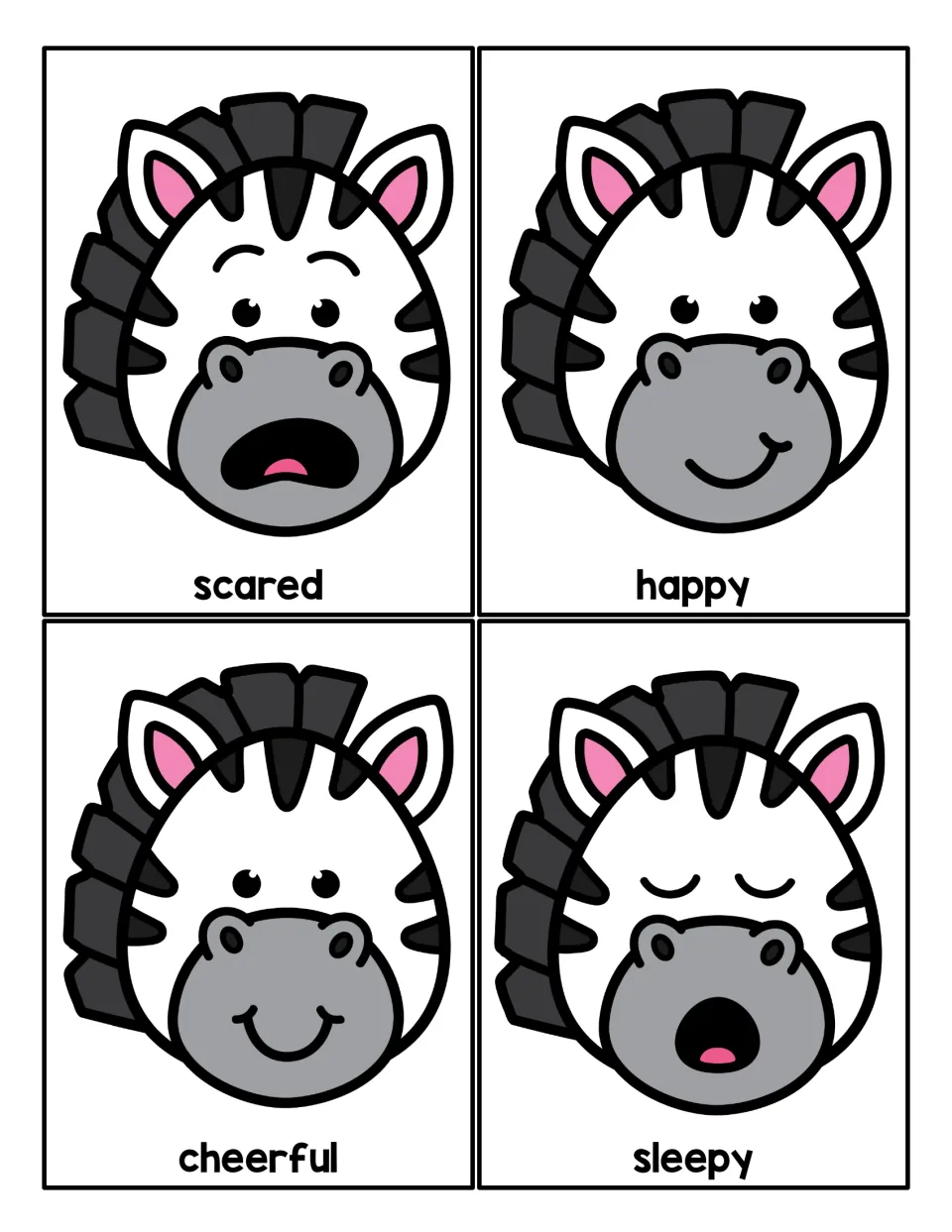 Feelings cards: zebra faces showing scared, happy, cheerful and sleepy, each with its emotion word printed below