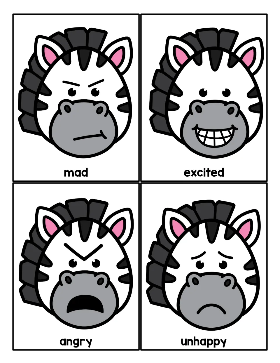 Emotion word cards: zebras looking mad, excited, angry and unhappy so children can match expressions to feeling names