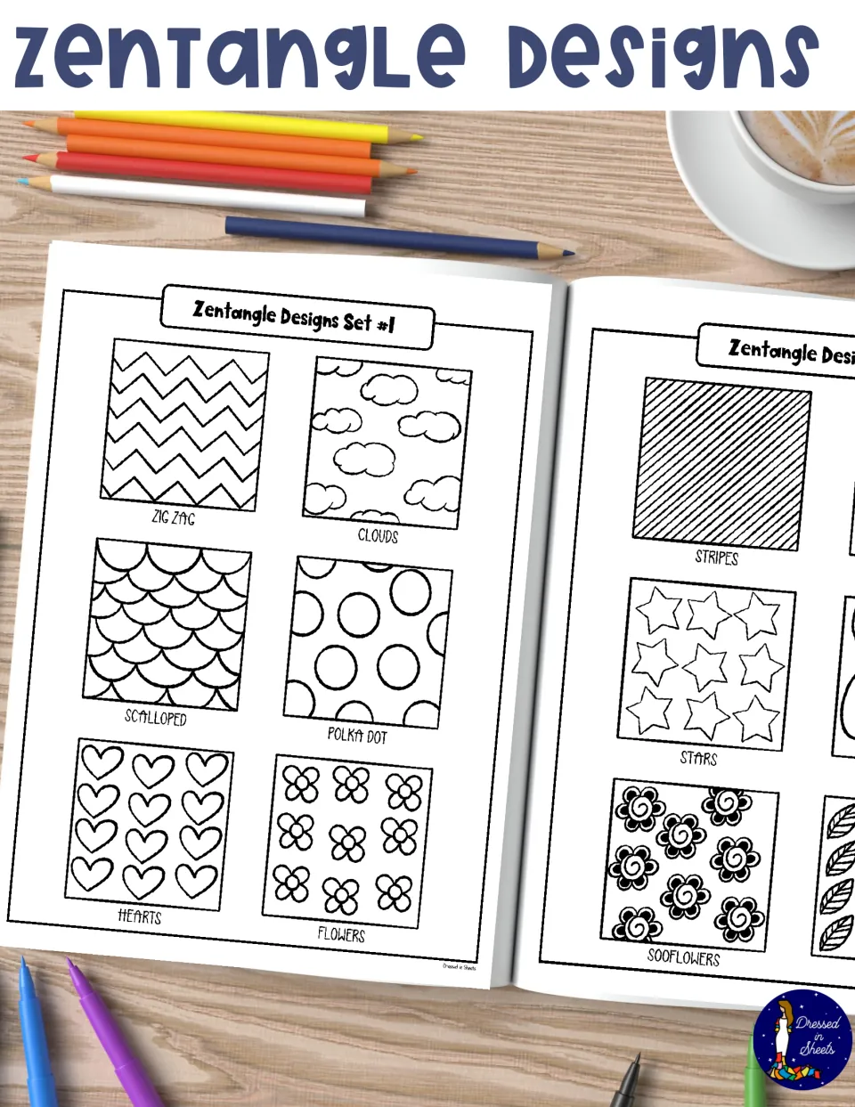 Zentangle Designs cover showing an open booklet of labeled pattern samples such as zig zag, clouds, stripes and stars