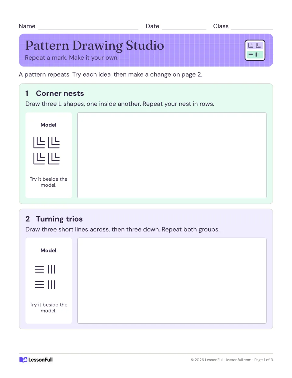 Pattern practice page introduces corner nests of three L shapes and turning trios of across and down strokes.