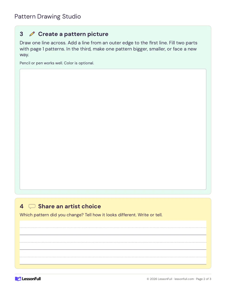 Pattern picture activity combines two practiced patterns and one changed version, then asks for an explanation.