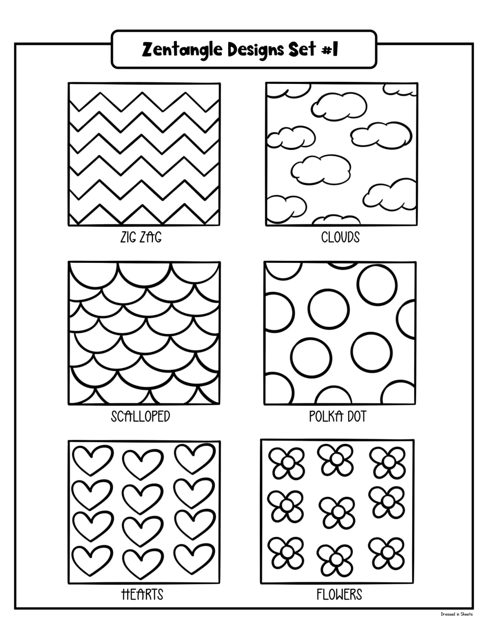 Zentangle Designs Set #1: six simple labeled patterns to copy: zig zag, clouds, scalloped, polka dot, hearts and flowers