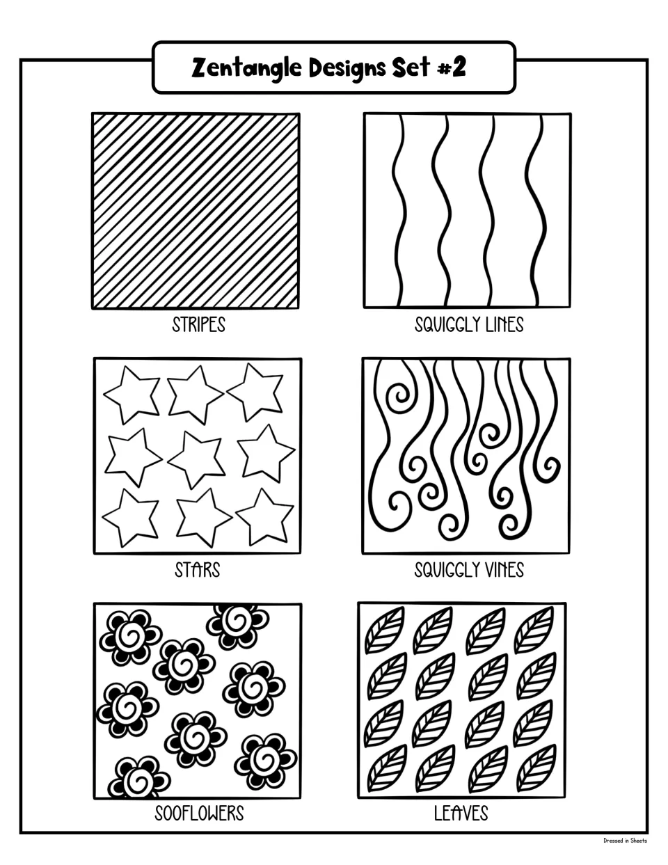 Zentangle Designs Set #2: labeled patterns to copy: stripes, squiggly lines, stars, squiggly vines, sooflowers and leaves