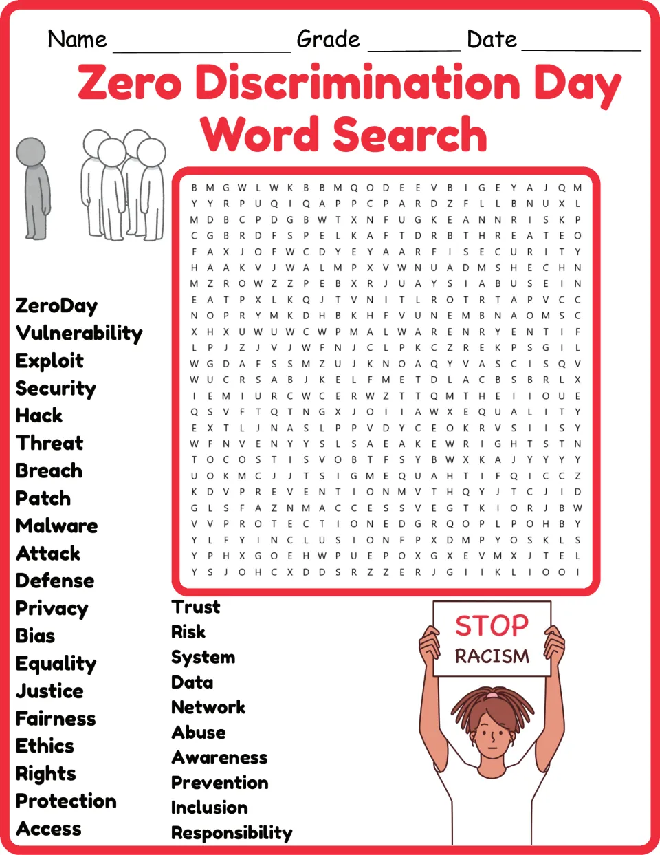 Color version of the word search: ZeroDay, Vulnerability, Equality, Inclusion, and other listed terms.