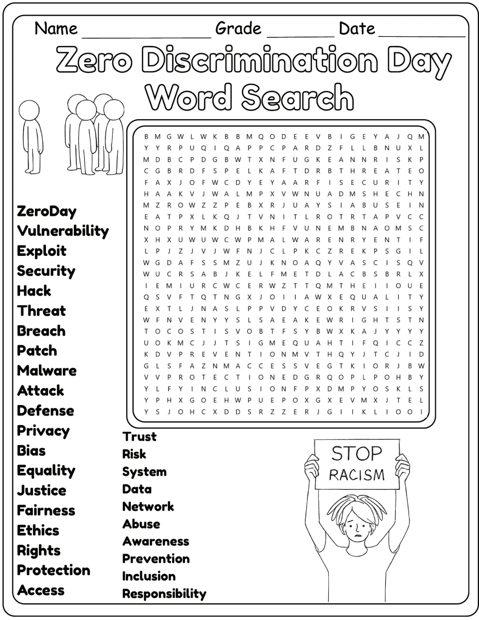 Black-and-white version of the same word search, listing Security, Fairness, Rights, and Responsibility.