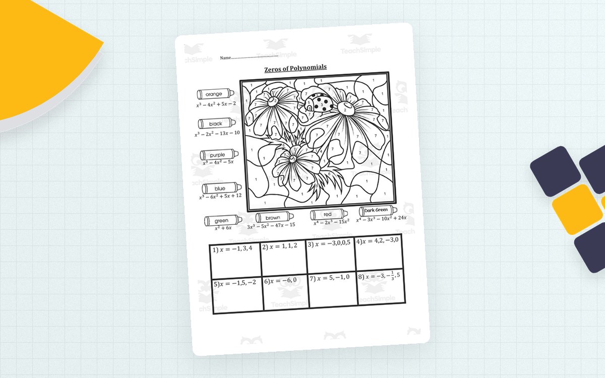 Zeros of Polynomials Color by Number Activity teaching resource preview