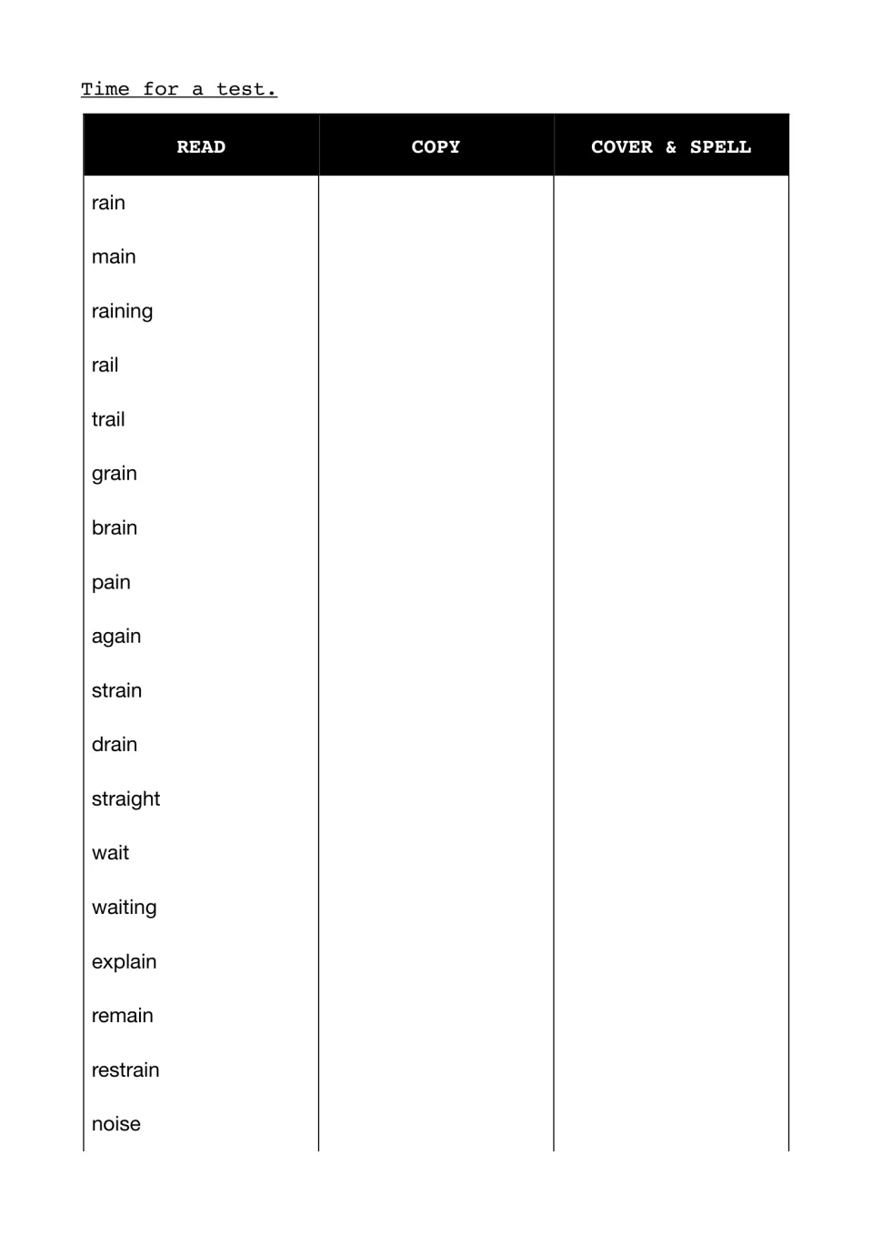 'ai' spelling test: students read, copy, then cover and spell 18 words including rain, trail, again, straight and explain