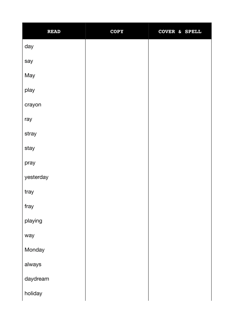 'ay' spelling test: students read, copy, then cover and spell 18 words such as day, crayon, yesterday, Monday and holiday