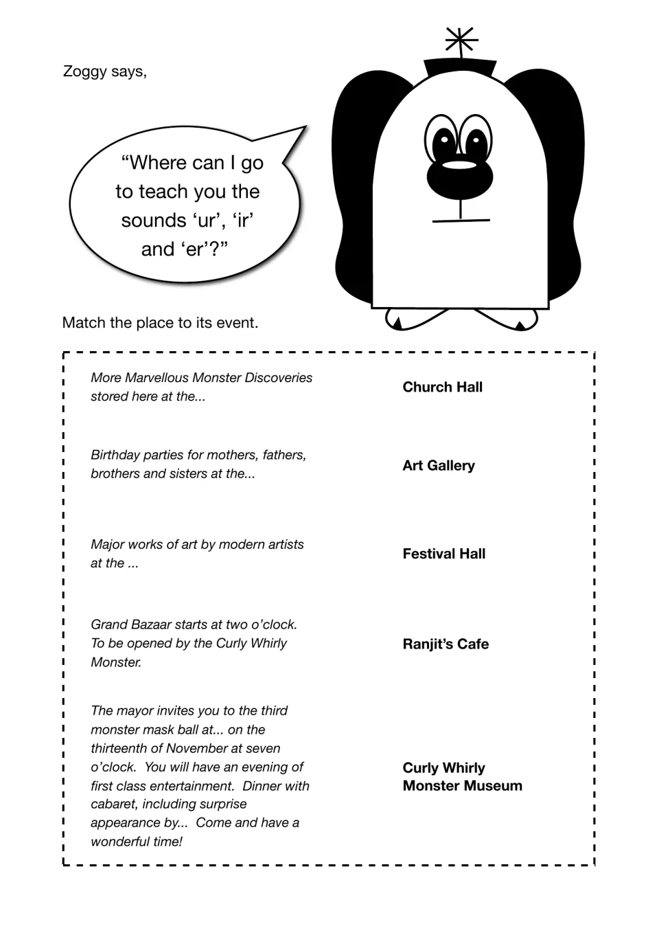 Event matching: students match five event notices, such as a monster mask ball, to places like Church Hall and Art Gallery