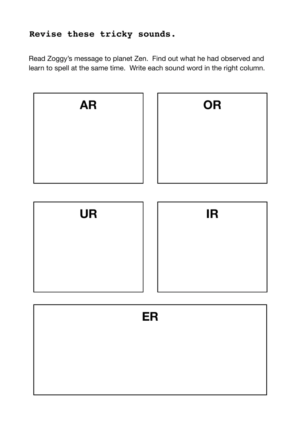 Sound sort: students reread Zoggy's message to planet Zen and write each word under the AR, OR, UR, IR or ER heading