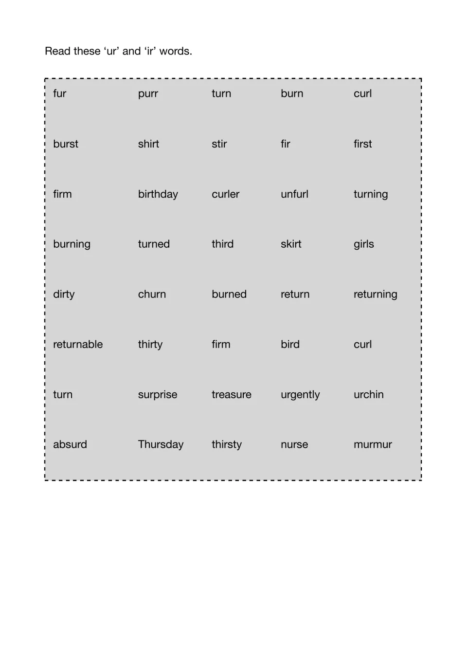 'ur' and 'ir' reading list of 40 words to read, from fur, purr and shirt to birthday, Thursday, thirsty and murmur