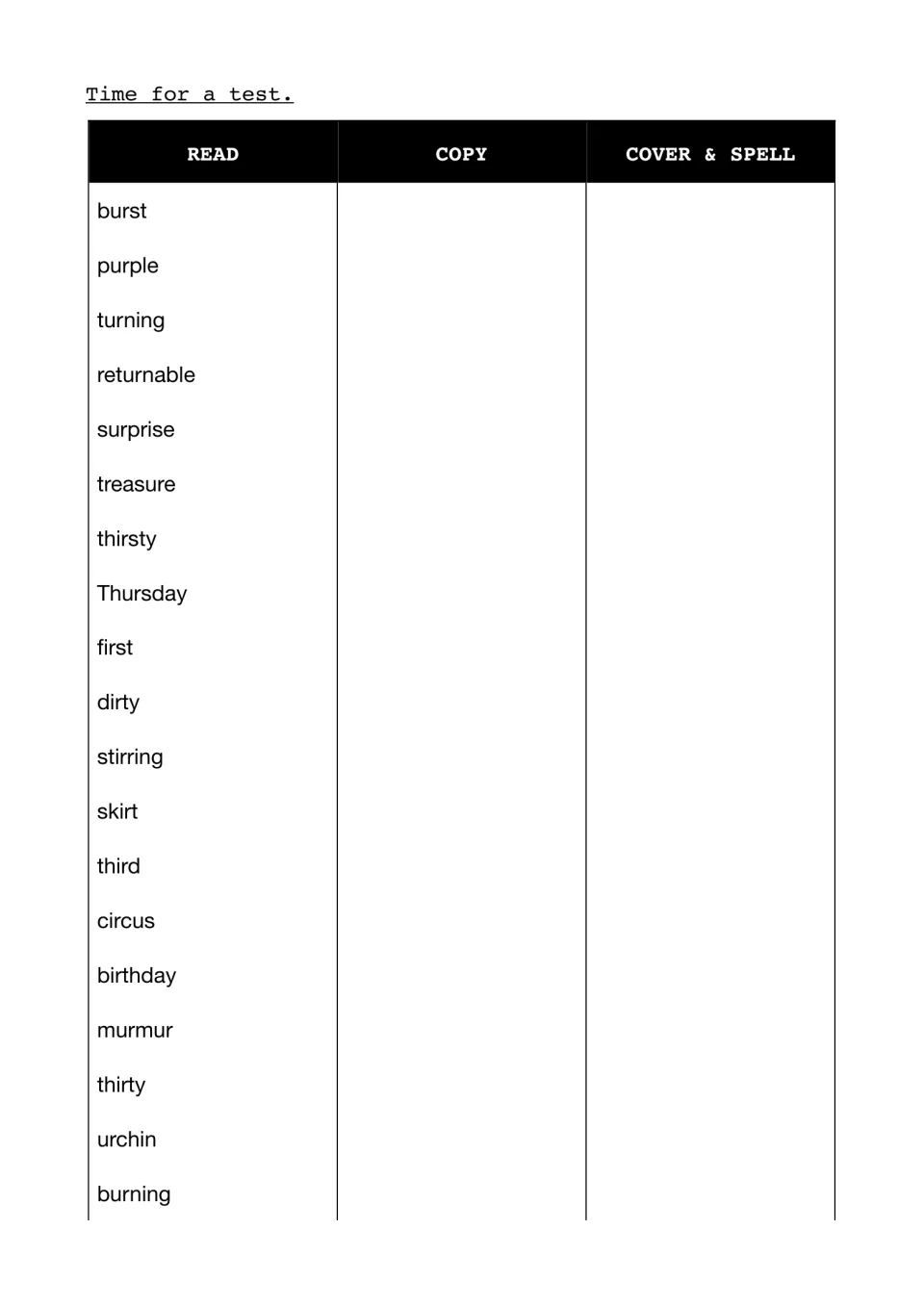 Spelling test on 'ur' and 'ir' words: students read, copy, then cover and spell 19 words such as burst, thirsty and circus