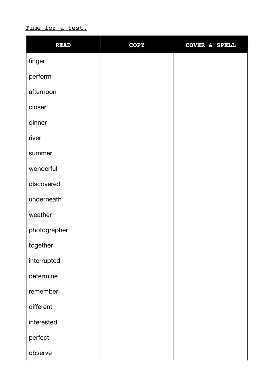 Spelling test on 'er' words: students read, copy, then cover and spell 20 words such as finger, afternoon and photographer