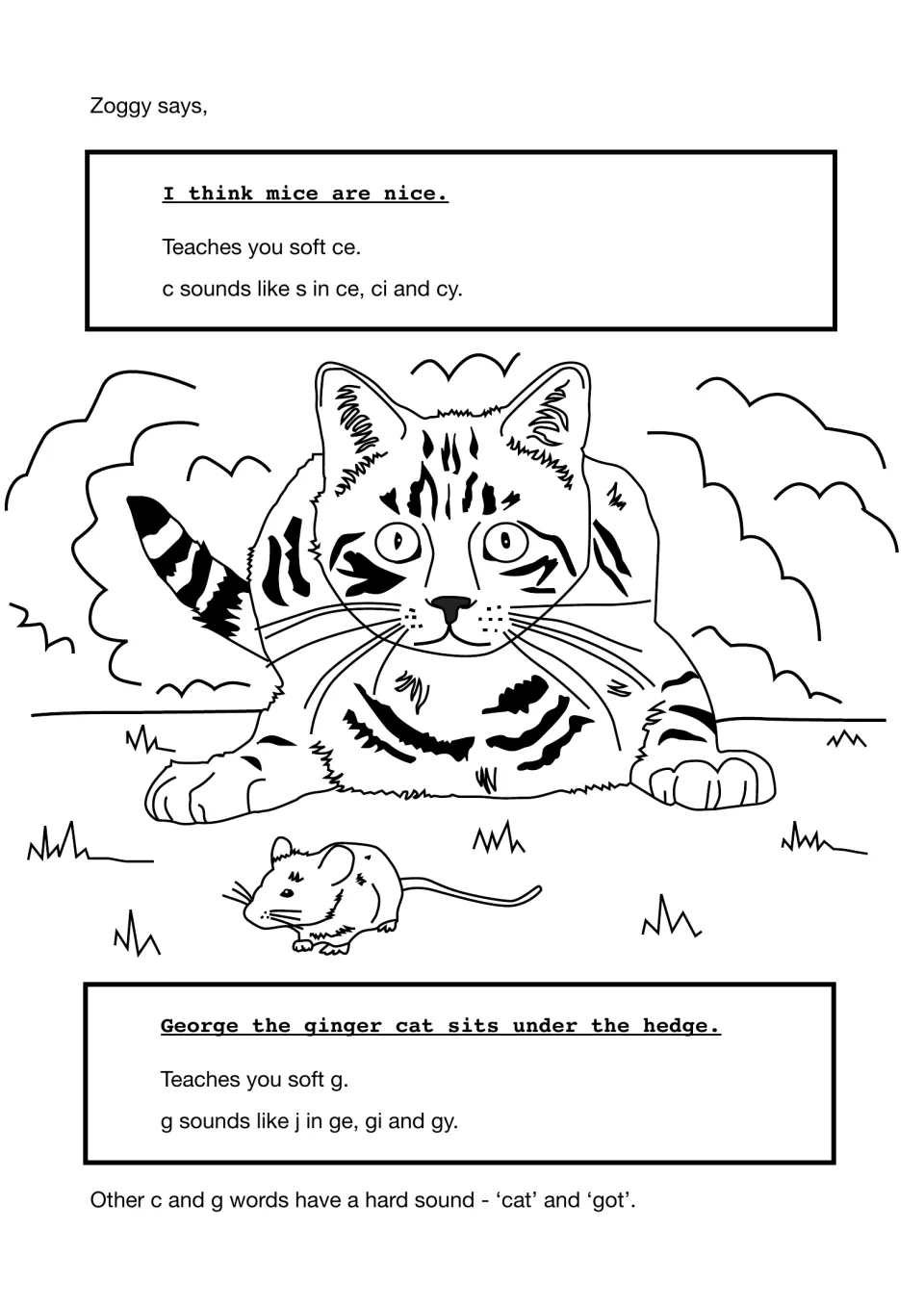 Soft c and g memory sentences: 'I think mice are nice' and 'George the ginger cat sits under the hedge'