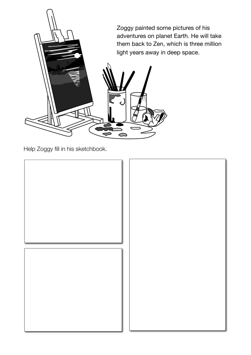 Zoggy's sketchbook of Earth adventures: students draw three pictures of his trip to add to his paintings for Zen
