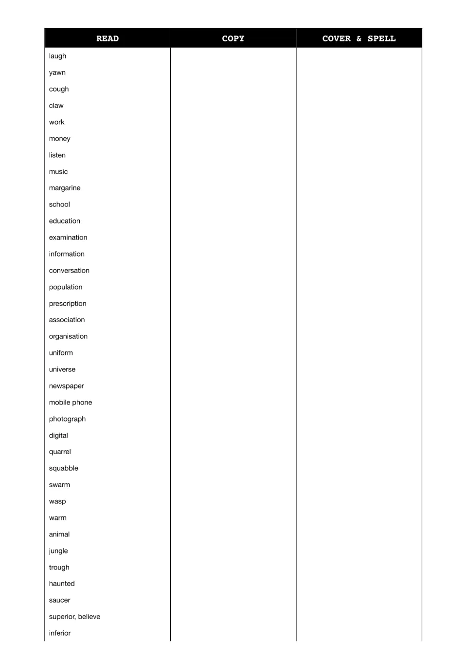Tricky word list: students read, copy, cover and spell words such as laugh, cough, margarine, squabble and trough