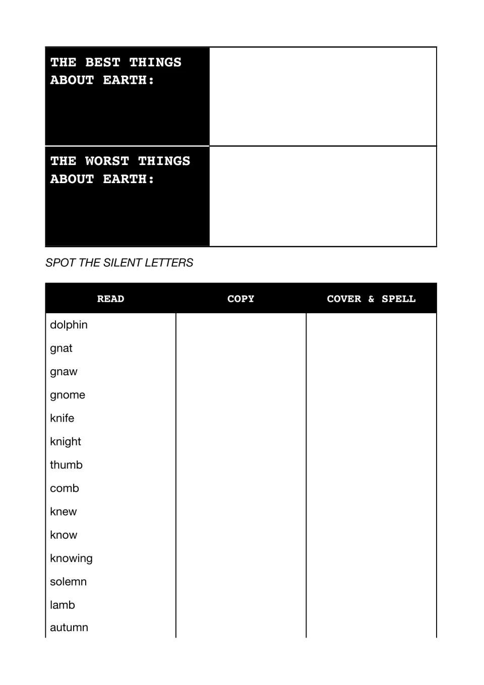 Spot the Silent Letters: students list Earth's best and worst things, then spell gnat, knife, thumb and autumn