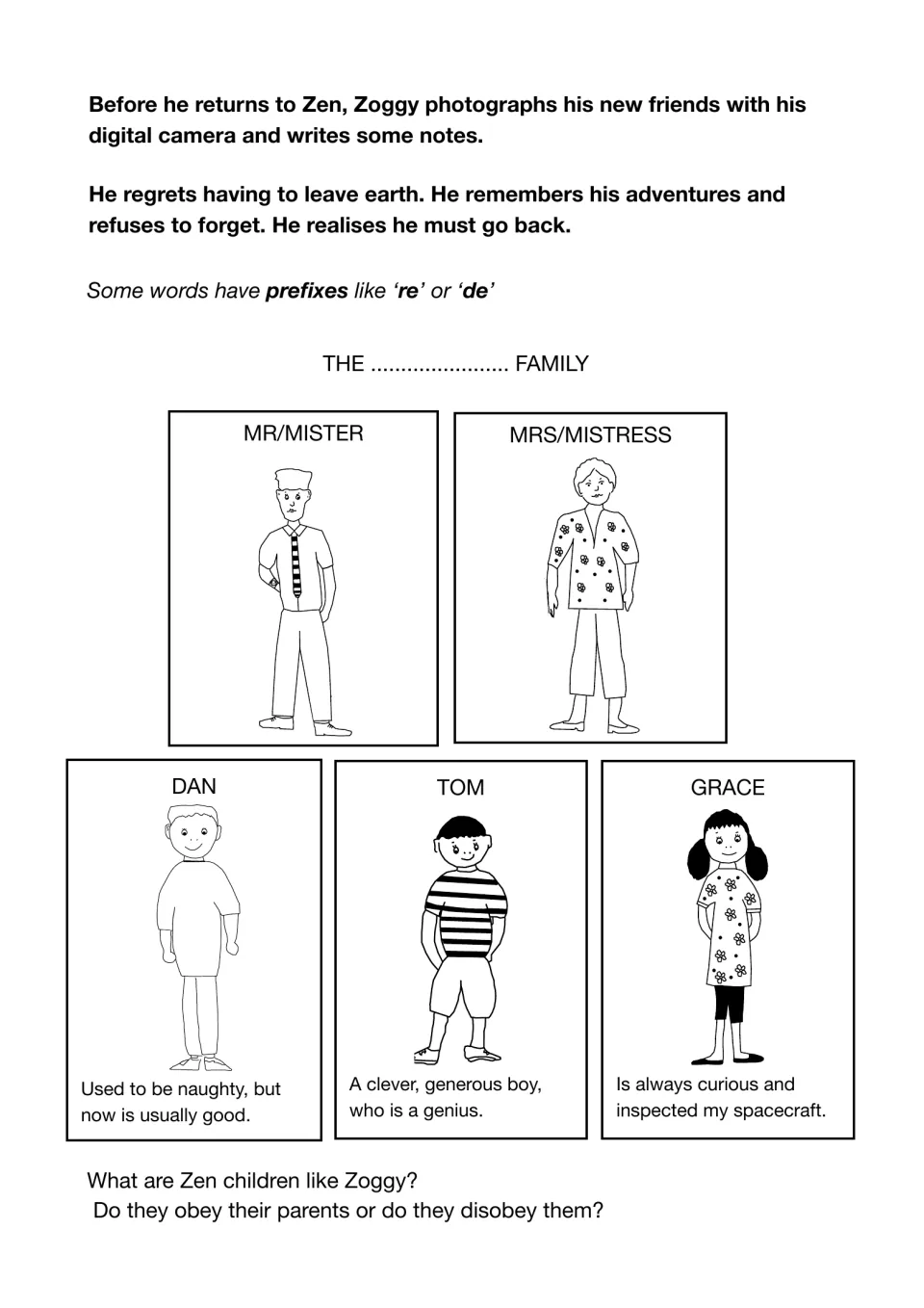Prefixes re and de in Zoggy's notes on new friends: students fill in the family name for Mr, Mrs, Dan, Tom and Grace