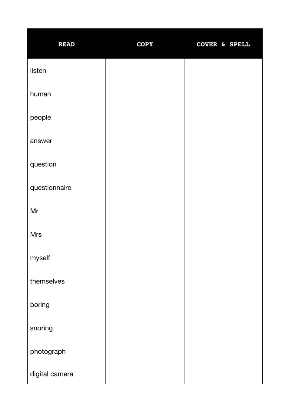 Second spelling list: students read, copy, cover and spell 14 words such as answer, questionnaire and themselves